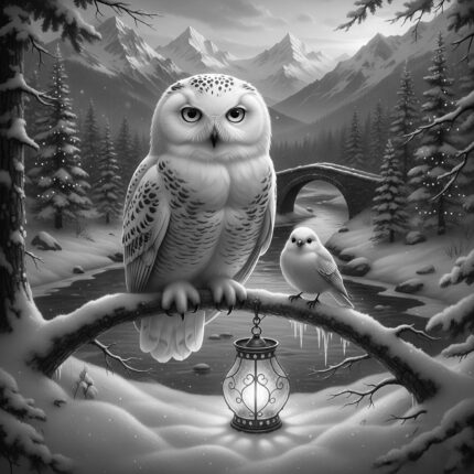 Snowy Owl and Songbird Perched Above a Winter River
