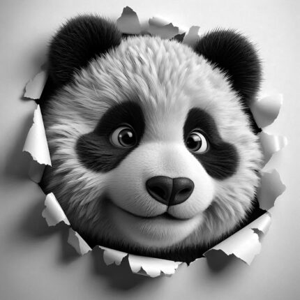 Smiling Cartoon Panda Peeking Through Torn Paper